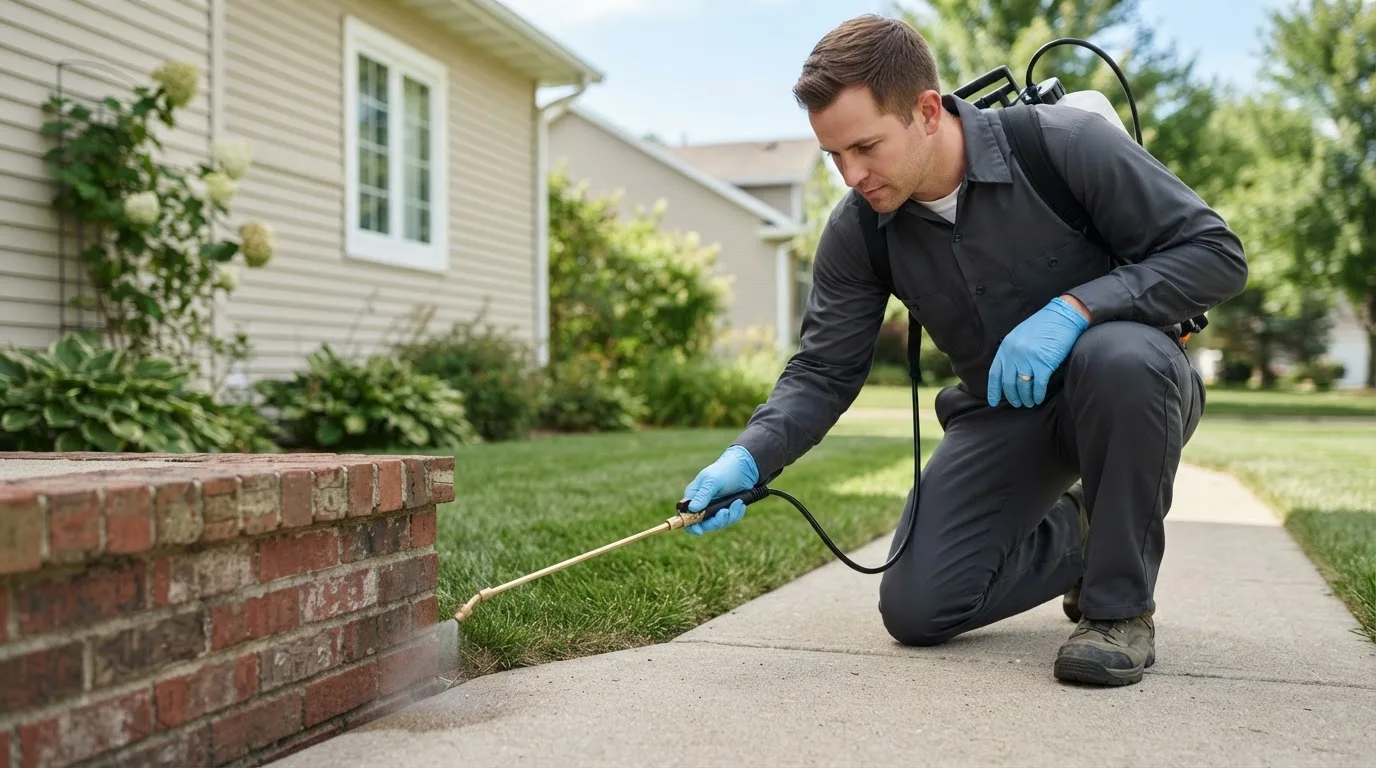 Pest control technician treating a home near Rowena, TX