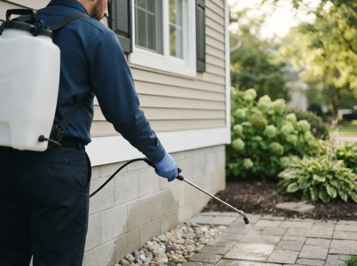 Pest control technician inspecting a home in Rowena, TX